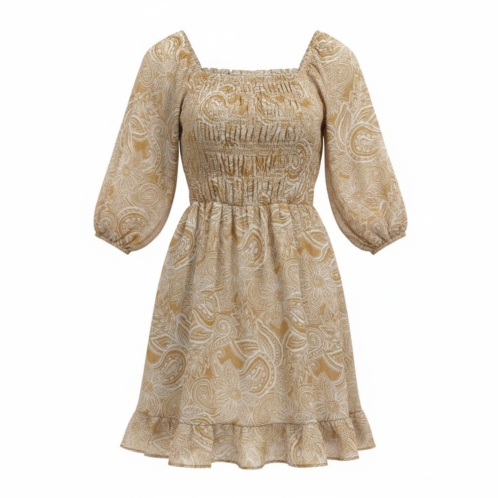 Sienna Sky Mustard Gold Brown Paisley Smocked Mini Dress Small Puff Sleeve Boho‎